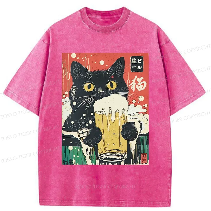 Tokyo-Tiger Cat Drinking Beer Funny Washed T-Shirt