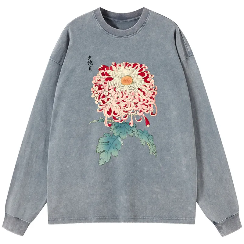 Tokyo-Tiger Vintage Chrysanthemum Art Washed Long Sleeve T-Shirt