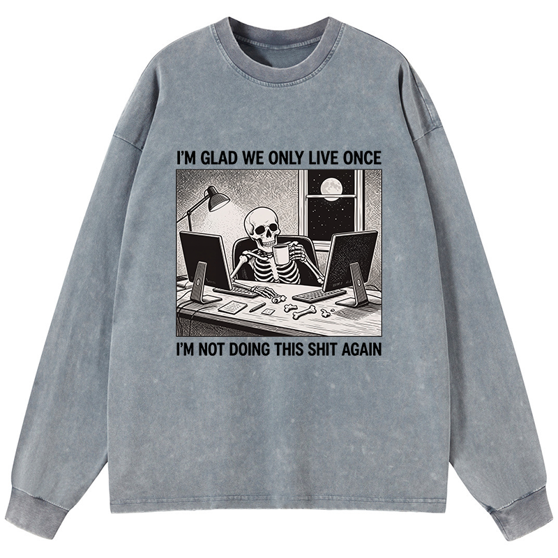 Tokyo-Tiger Funny Skeleton Coffee Break Meme Washed Long Sleeve T-Shirt