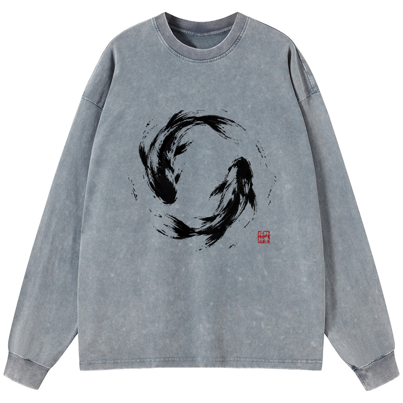 Tokyo-Tiger Ink Koi Fish Circle Washed Long Sleeve T-Shirt