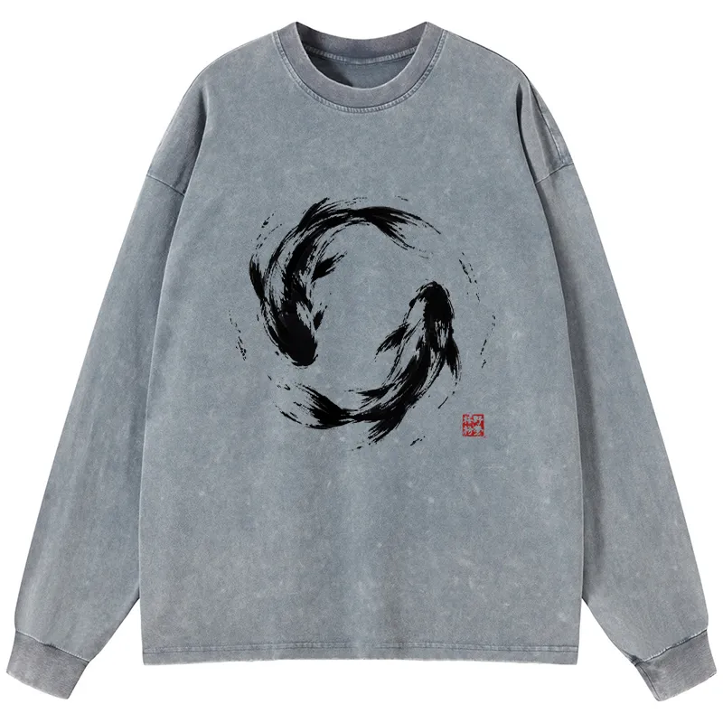 Tokyo-Tiger Ink Koi Fish Circle Washed Long Sleeve T-Shirt Sale