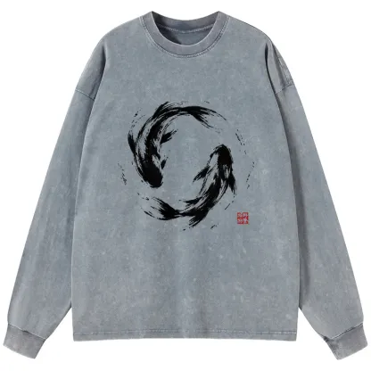 Tokyo-Tiger Ink Koi Fish Circle Washed Long Sleeve T-Shirt