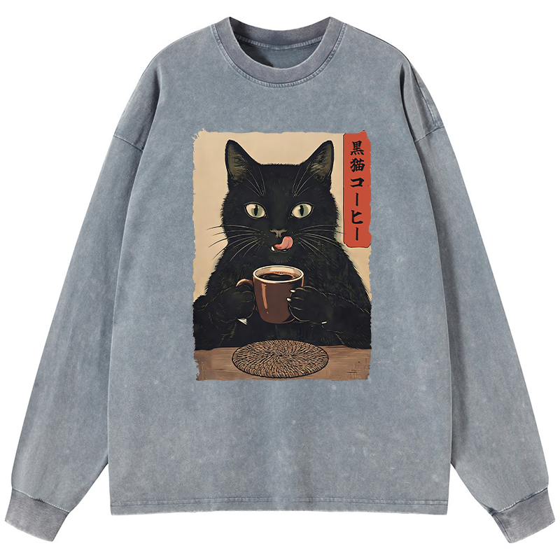 Tokyo-Tiger Vintage Black Cat Coffee Art Washed Long Sleeve T-Shirt