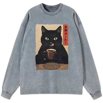 Tokyo-Tiger Vintage Black Cat Coffee Art Washed Long Sleeve T-Shirt