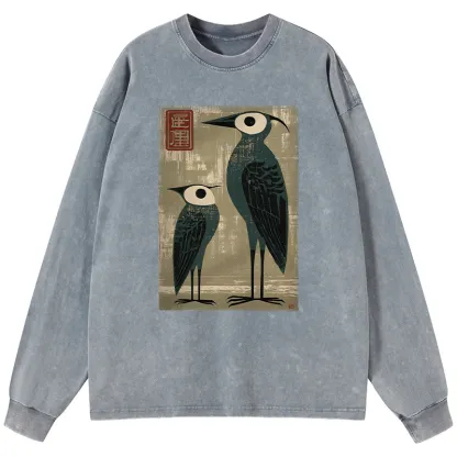 Tokyo-Tiger Retro Two Birds Art Washed Long Sleeve T-Shirt