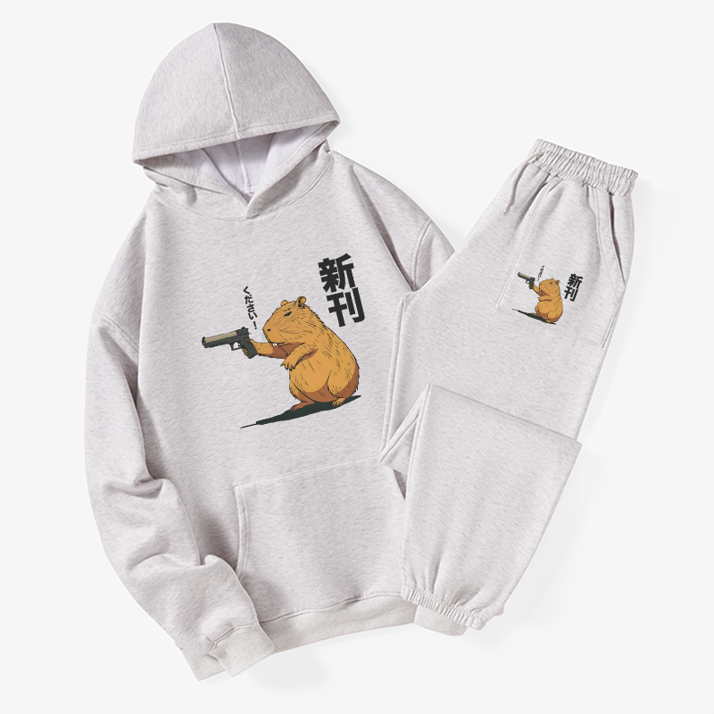 Tokyo-Tiger Capybara Holding A Gun Fleece Lined Hoodie Set