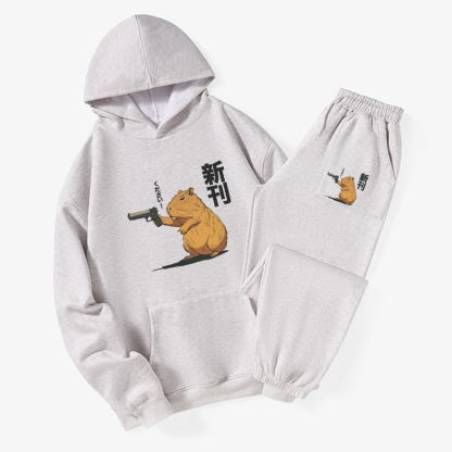 Tokyo-Tiger Capybara Holding A Gun Fleece Lined Hoodie Set