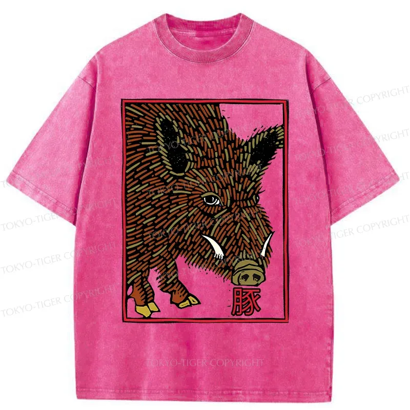 Tokyo-Tiger Woodcut Pig Washed T-Shirt