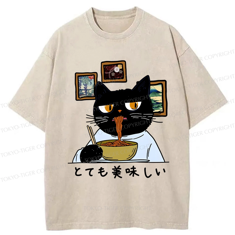 Tokyo-Tiger Cat Eating Delicious Ramen Washed T-Shirt