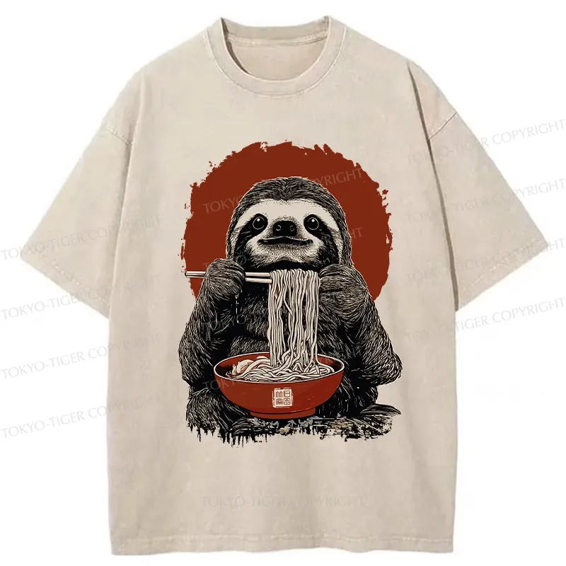 Tokyo-Tiger Ramen Lover Sloth Washed T-Shirt Sale