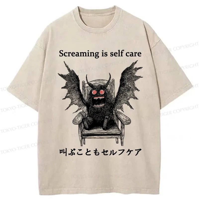 Tokyo-Tiger Screaming Is Self Care Washed T-Shirt Sale