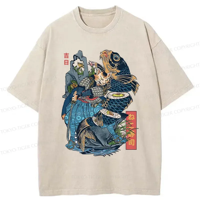 Tokyo-Tiger Funny Cat Kills Fish Washed T-Shirt