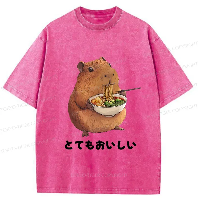 Tokyo-Tiger Capybara Eating Japanese Ramen Washed T-Shirt