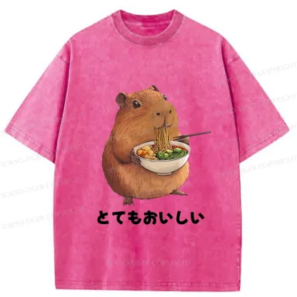 Tokyo-Tiger Capybara Eating Japanese Ramen Washed T-Shirt