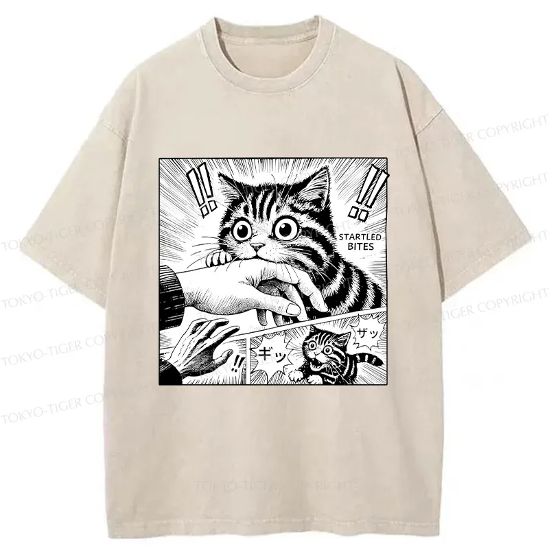 Tokyo-Tiger Cat Biting Funny Washed T-Shirt