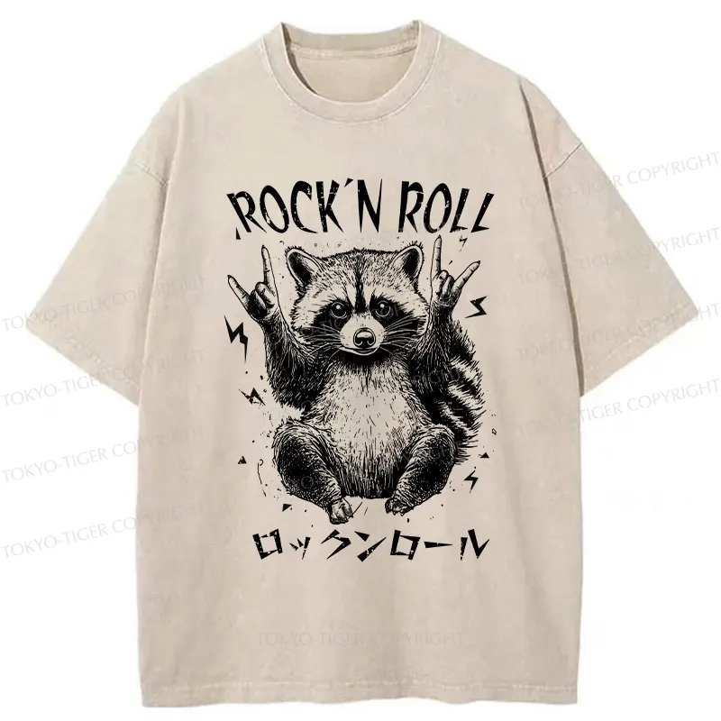 Tokyo-Tiger Funny Raccoon Rock And Roll Washed T-Shirt