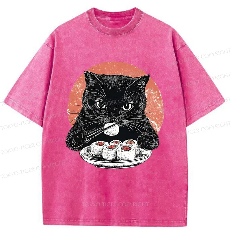 Tokyo-Tiger Cat Eating Delicious Sushi Washed T-Shirt