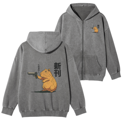 Tokyo-Tiger Capybara Holding A Gun Washed Zip Hoodie