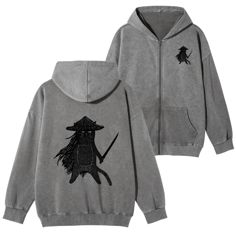 Tokyo-Tiger Japanese Samurai Cat Washed Zip Hoodie