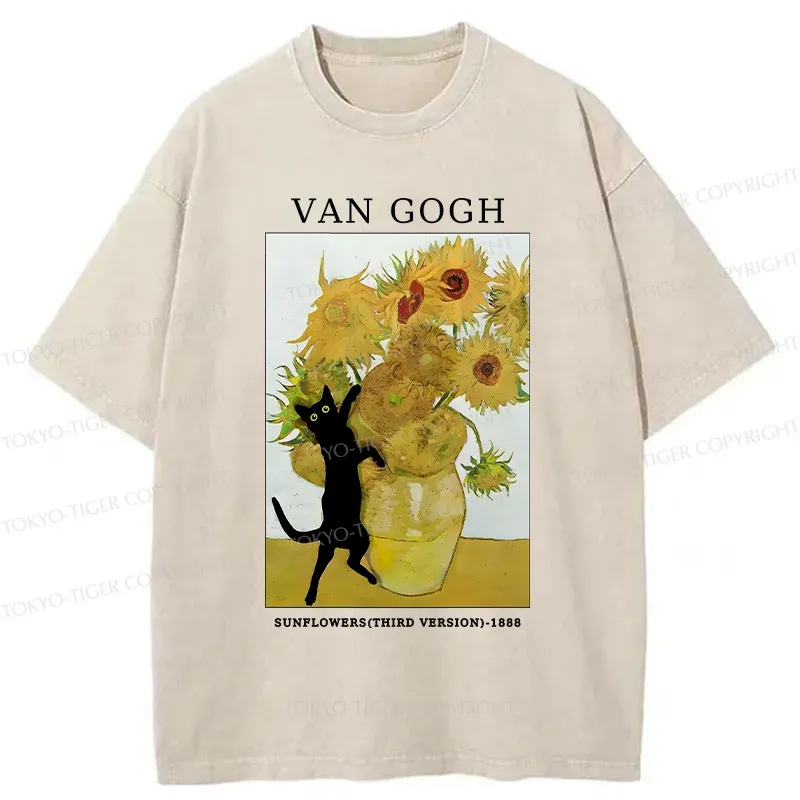 Tokyo-Tiger Cat Plays With Sunflowers Washed T-Shirt