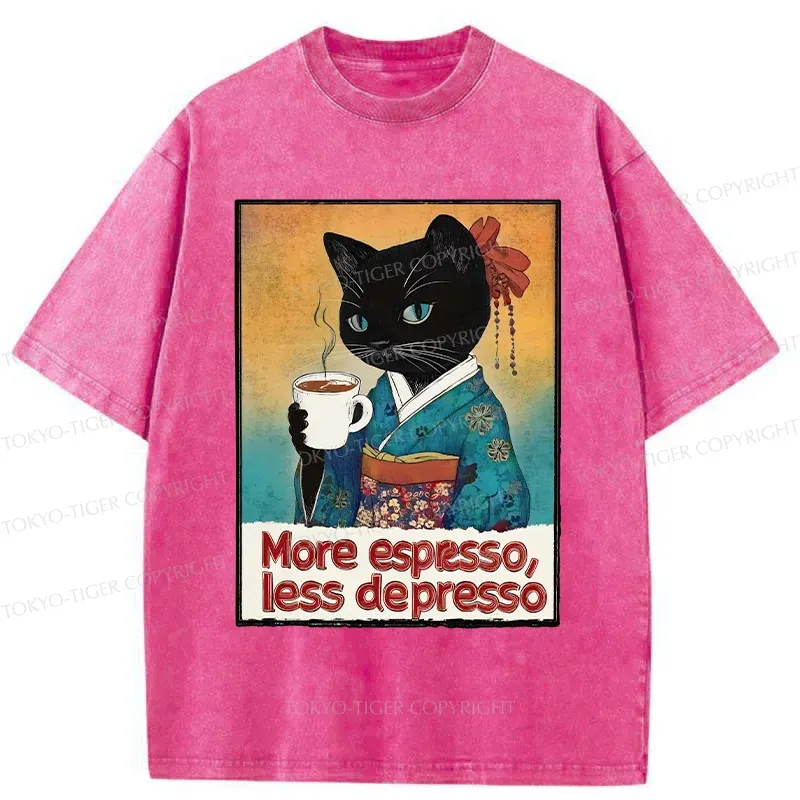 Tokyo-Tiger Japanese Cat Drinking Espresso Washed T-Shirt