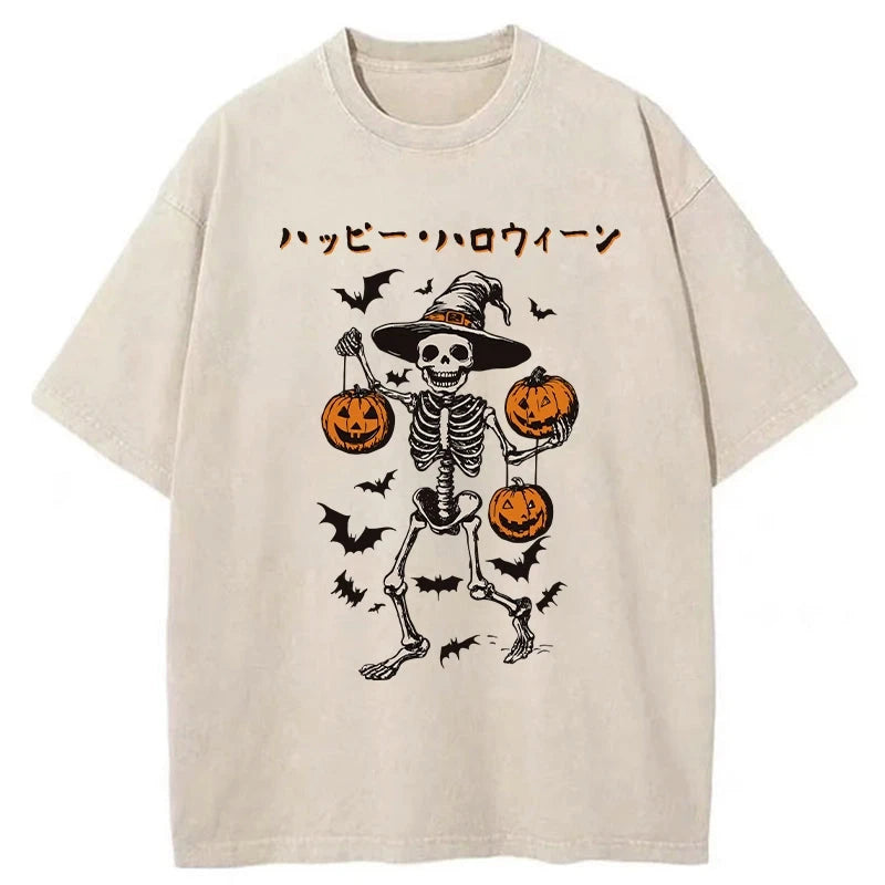 Tokyo-Tiger Skeleton Spooky Season Halloween Washed T-Shirt