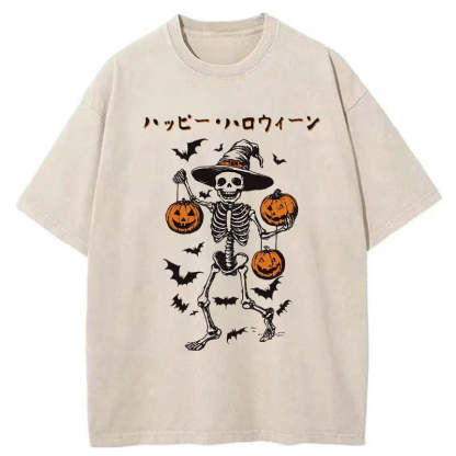 Tokyo-Tiger Skeleton Spooky Season Halloween Washed T-Shirt