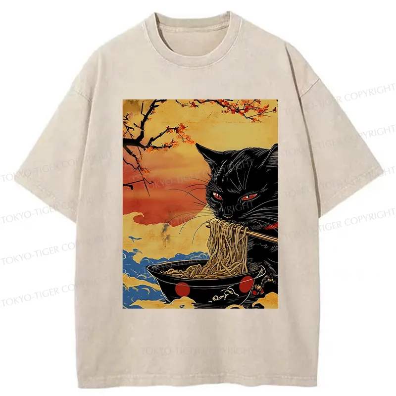 Tokyo-Tiger Cat Eating Ramen In The Sunset Washed T-Shirt