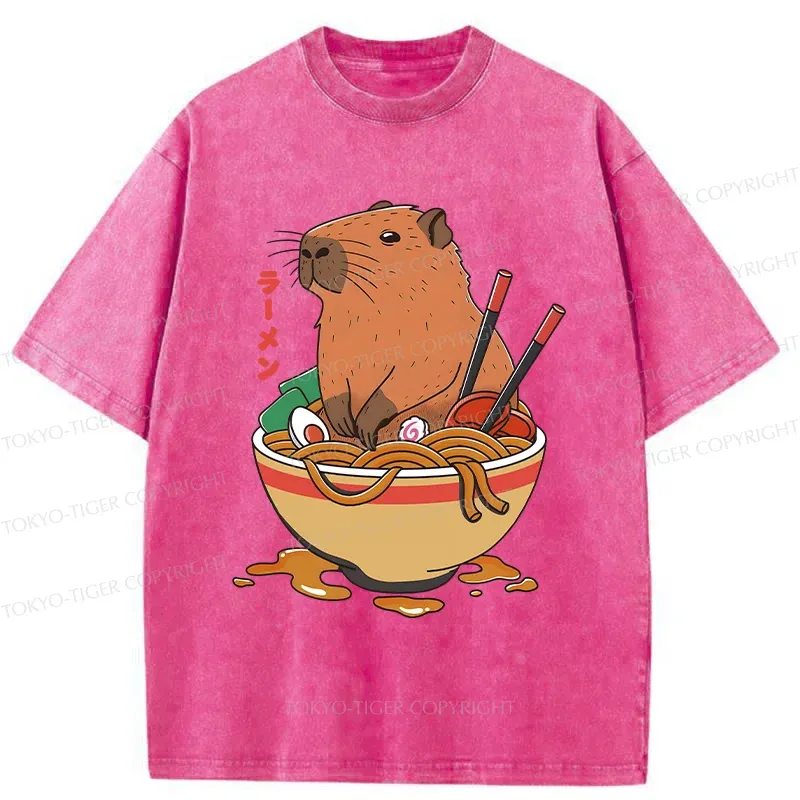 Tokyo-Tiger Capybara Ramen Funny Washed T-Shirt