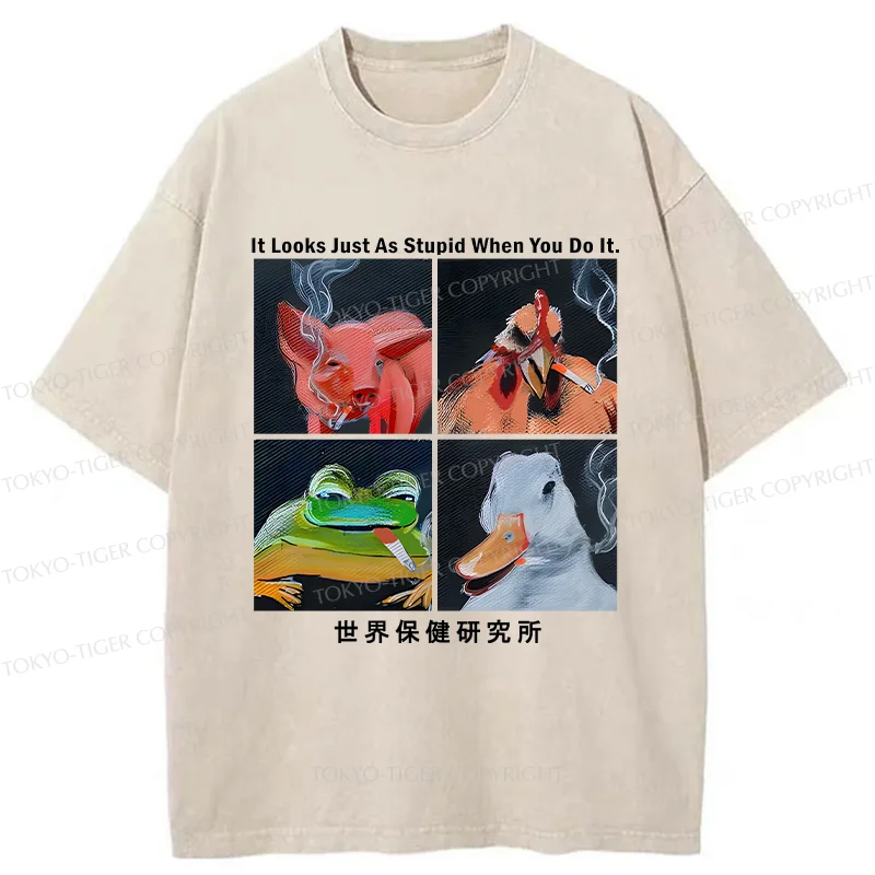 Tokyo-Tiger Smoking Animals Funny Washed T-Shirt