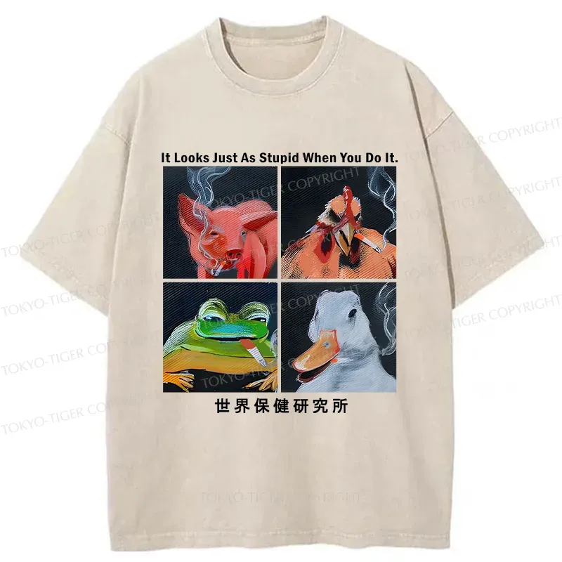 Tokyo-Tiger Smoking Animals Funny Washed T-Shirt