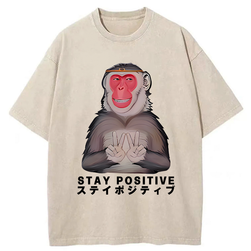 Tokyo-Tiger Monkey Stay Positive Washed T-Shirt