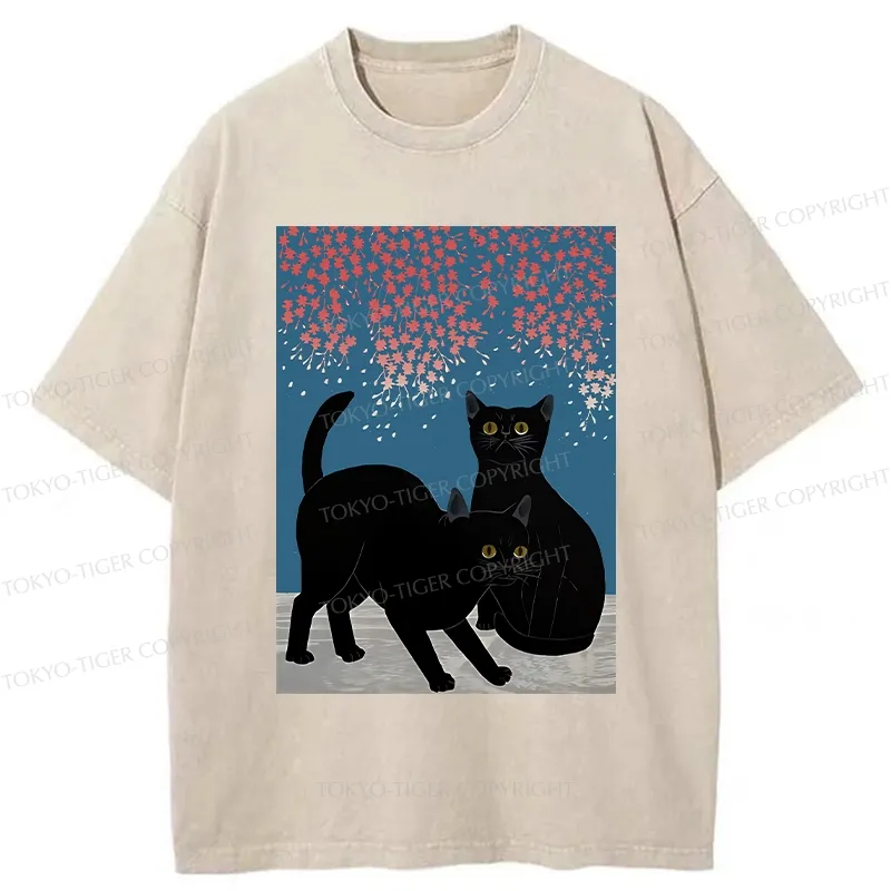 Tokyo-Tiger Black Cat Under The Sakura Washed T-Shirt