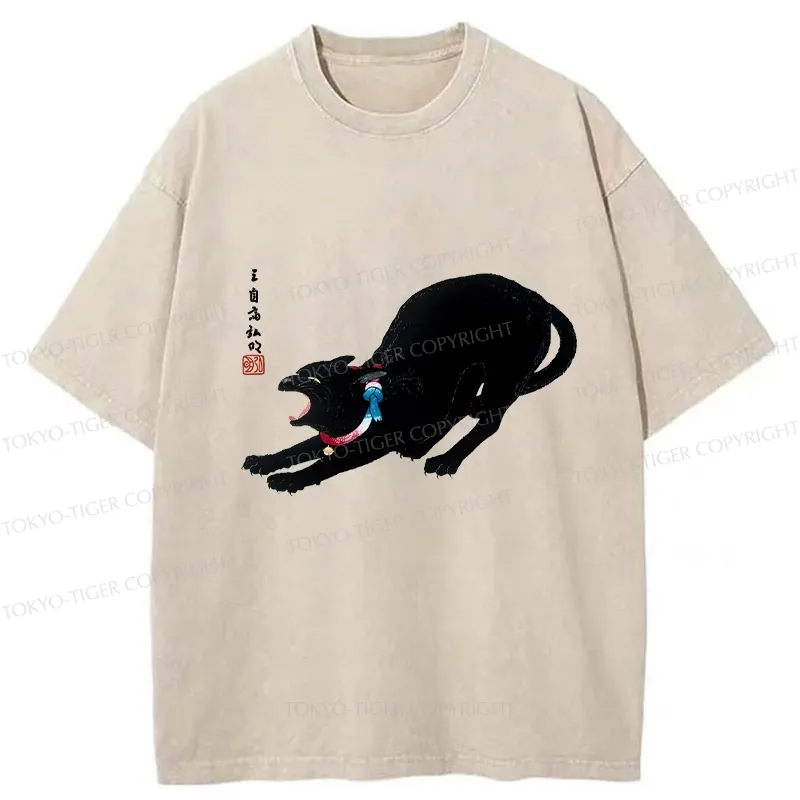 Tokyo-Tiger Cat Stretching Washed T-Shirt