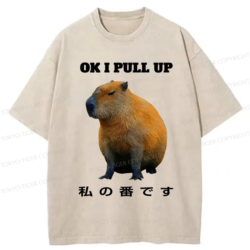 Tokyo-Tiger Ok I Pull Up Funny Capybara Washed T-Shirt