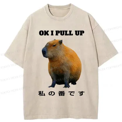 Tokyo-Tiger Ok I Pull Up Funny Capybara Washed T-Shirt