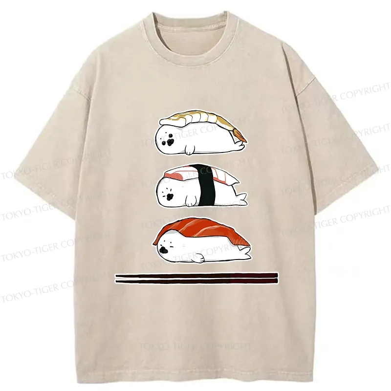 Tokyo-Tiger Cute Seal Sushi Washed T-Shirt
