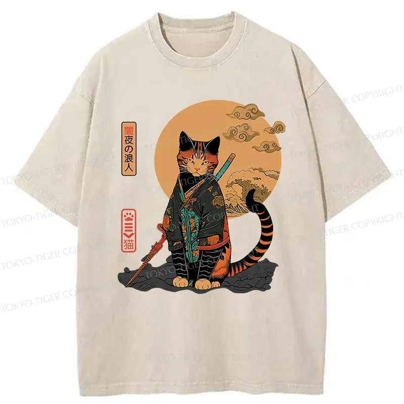 Tokyo-Tiger Retro Cat Samurai Washed T-Shirt