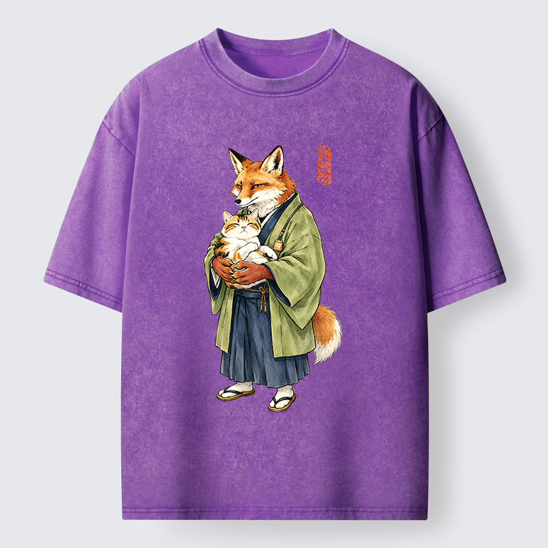 Tokyo‑Tiger Kimono Fox Holding Cat Washed T‑Shirt