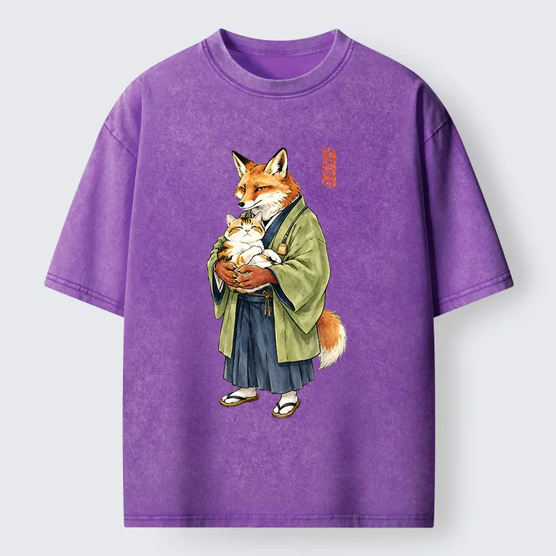 Tokyo‑Tiger Kimono Fox Holding Cat Washed T‑Shirt