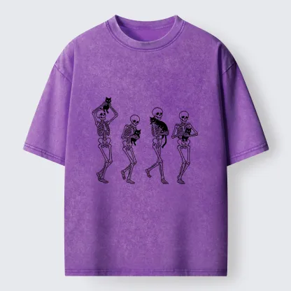 Tokyo‑Tiger Funny Skeleton Cat Meme Washed T‑Shirt