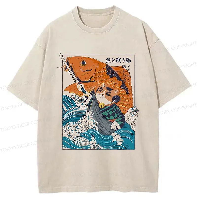 Tokyo-Tiger Samurai Cat And Goldfish Washed T-Shirt