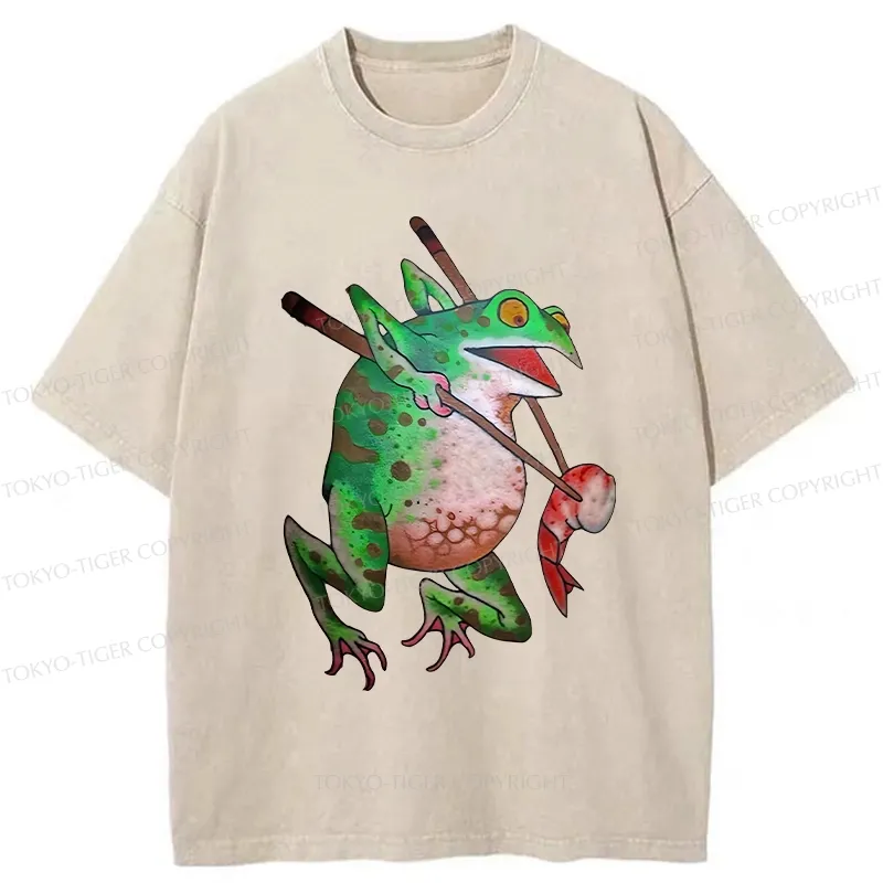 Tokyo-Tiger Funny Frog Picking Up Shrimp Washed T-Shirt