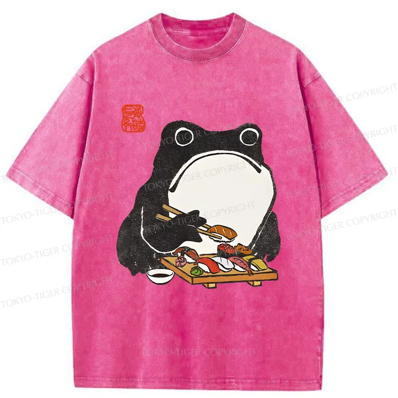 Tokyo-Tiger Frog Eating Sushi Washed T-Shirt
