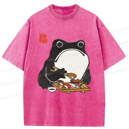 Tokyo-Tiger Frog Eating Sushi Washed T-Shirt