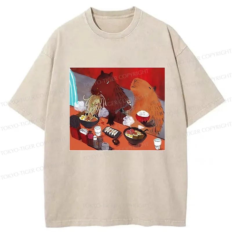 Tokyo-Tiger Ramen Lovers Capybara Funny Washed T-Shirt