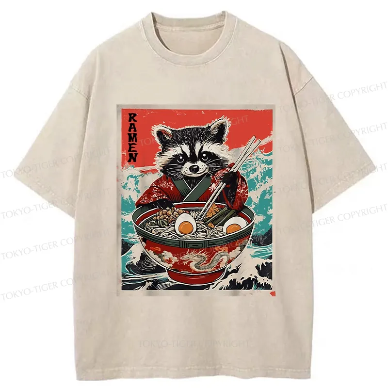 Tokyo-Tiger Ramen-loving Raccoon Washed T-Shirt Sale