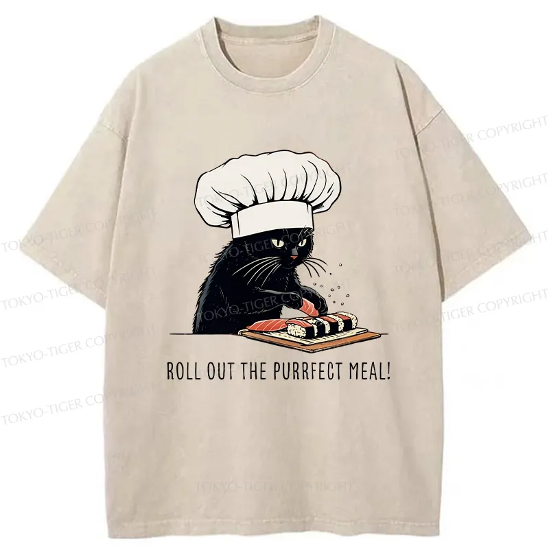 Tokyo-Tiger Roll Out The Purrfect Meal Washed T-Shirt