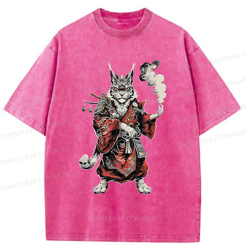 Tokyo-Tiger Fierce Cat Japanese Samurai Washed T-Shirt