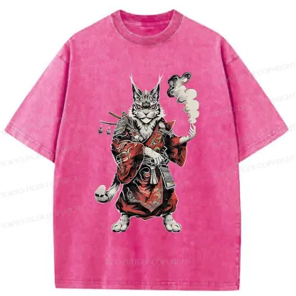 Tokyo-Tiger Fierce Cat Japanese Samurai Washed T-Shirt